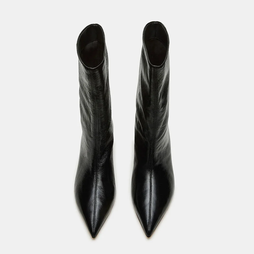 Black Faux Leather Pointed Toe Chunky Heel Pull On Mid Calf Boots