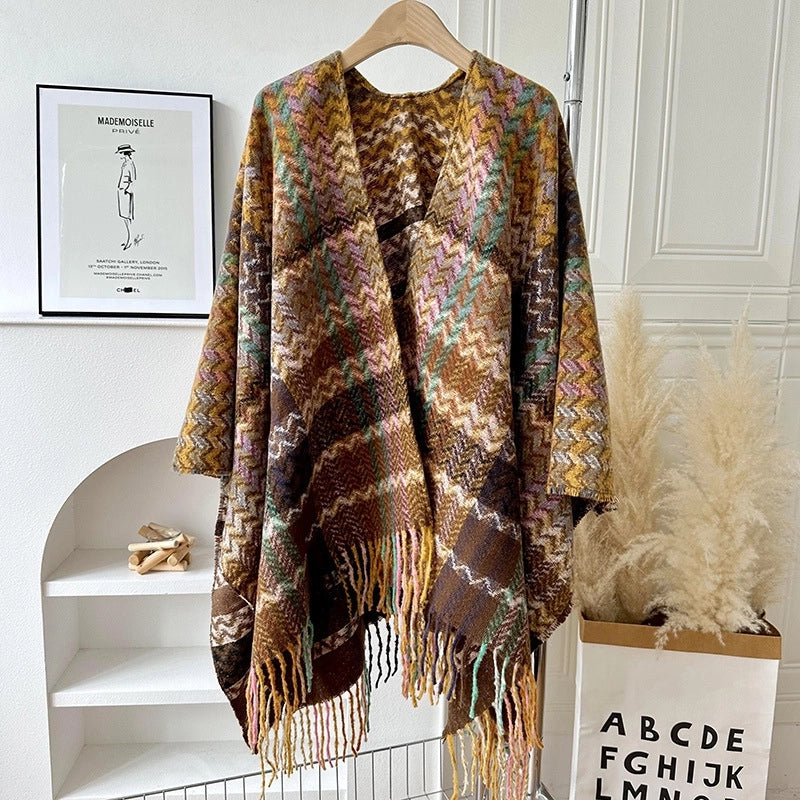 Yunnan Lijiang Travel Outside Knitted Shawl Ethnic Style Vintage Cape Cloak Tassel Scarf For Vacation Wear