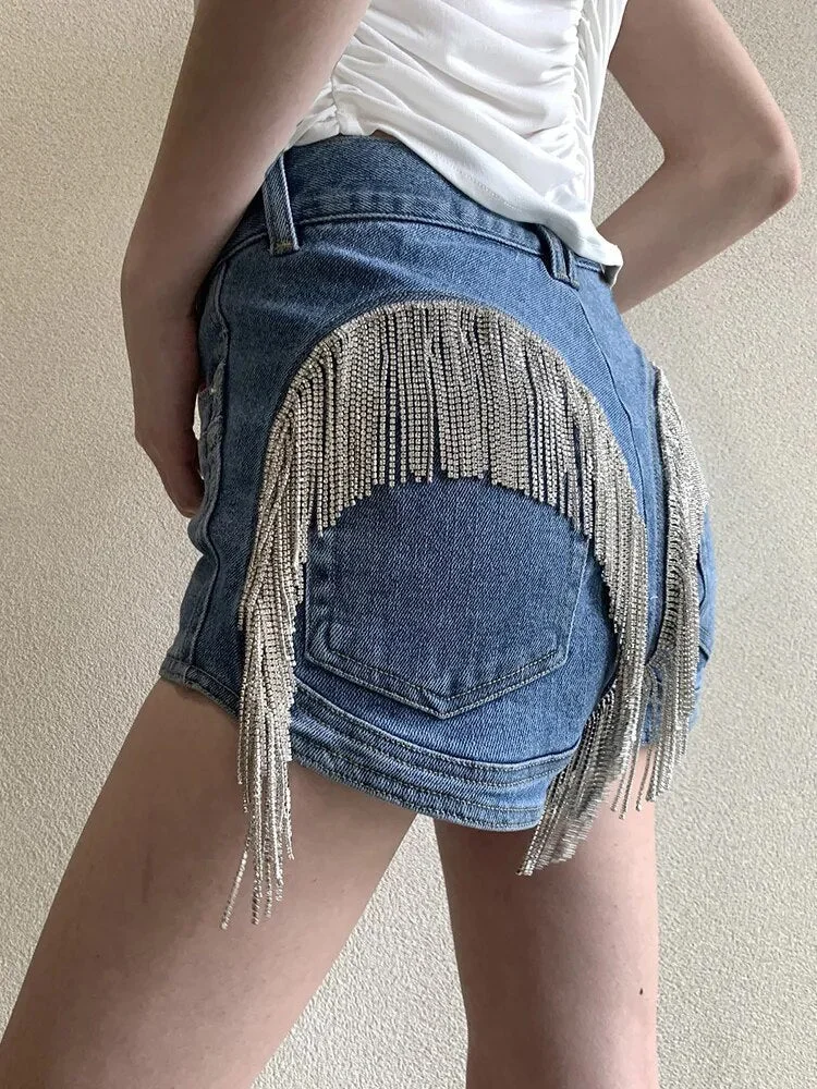 Oocharger Hit Color Denim Shorts For Women High Waist Patchwork Tassel Mini Summer Denim Short Pants Female Fashion Clothes