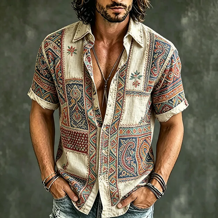 Vintage Ethnic Pattern Patchwork Design Casual Linen Shirt