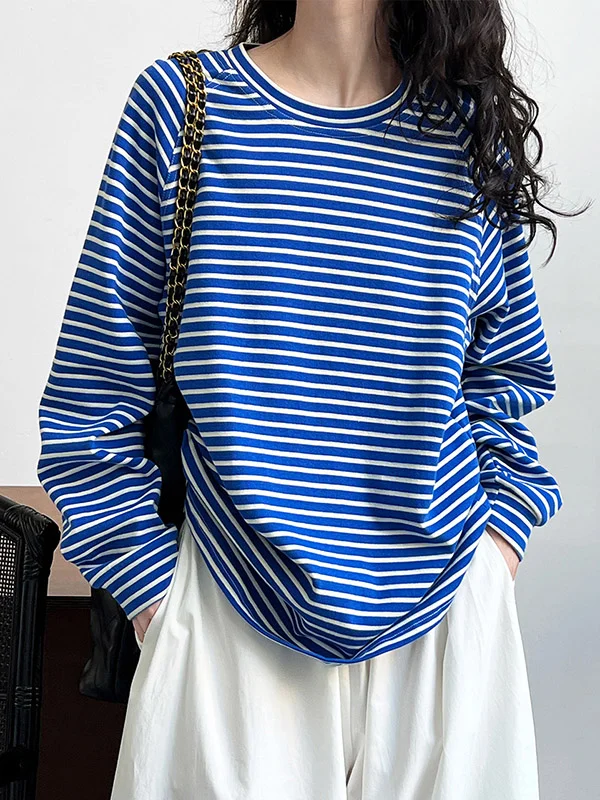 Long Sleeves Loose Contrast Color Striped Round-Neck Sweatshirt Tops