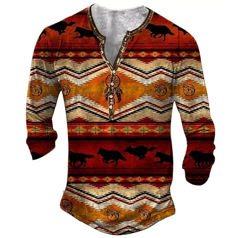 Men's Retro Mystical Totem Print Button Round Neck Long Sleeved Henry Shirt
