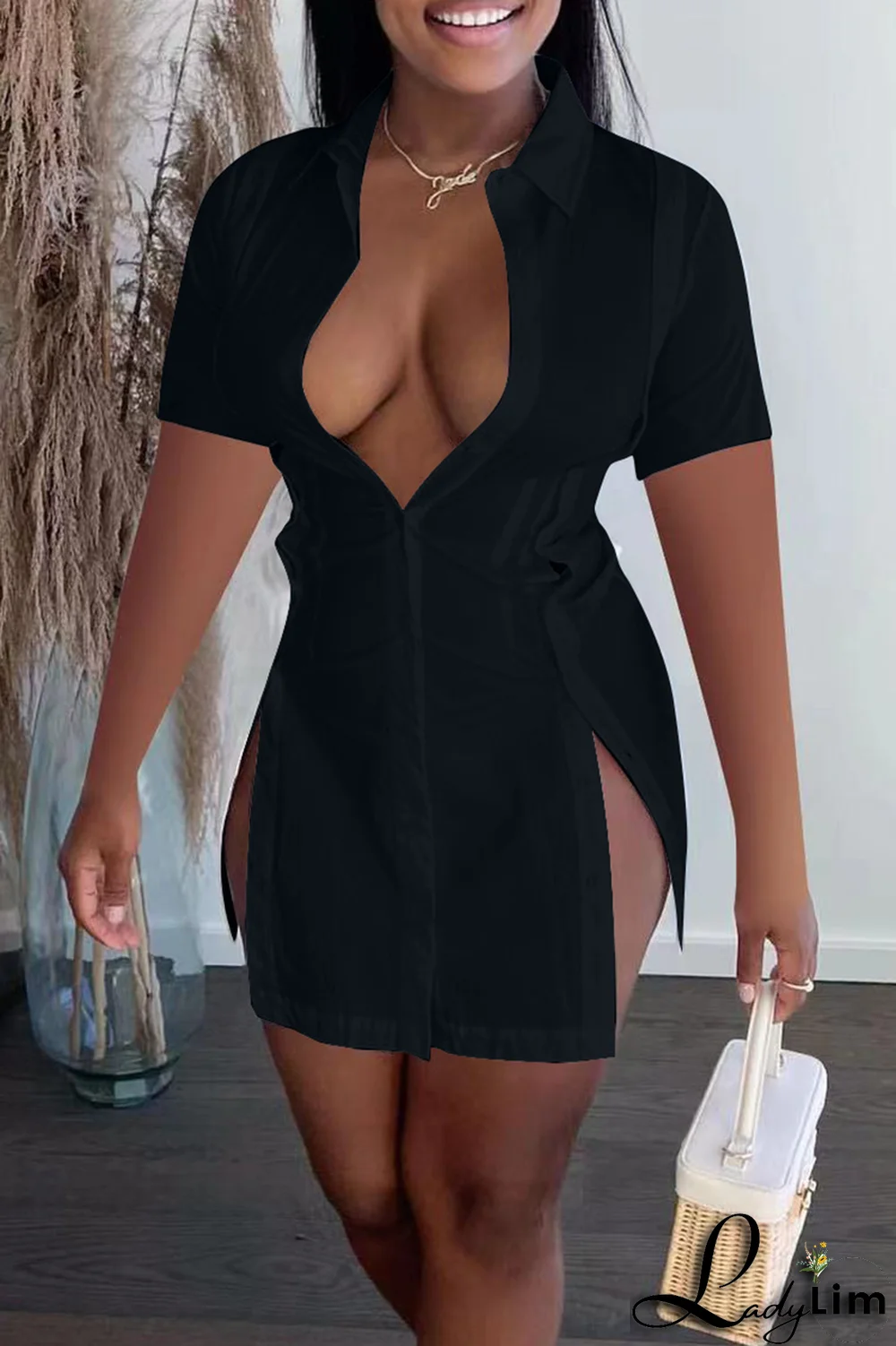 White Casual Solid Split Joint Turndown Collar Shirt Dress Dresses