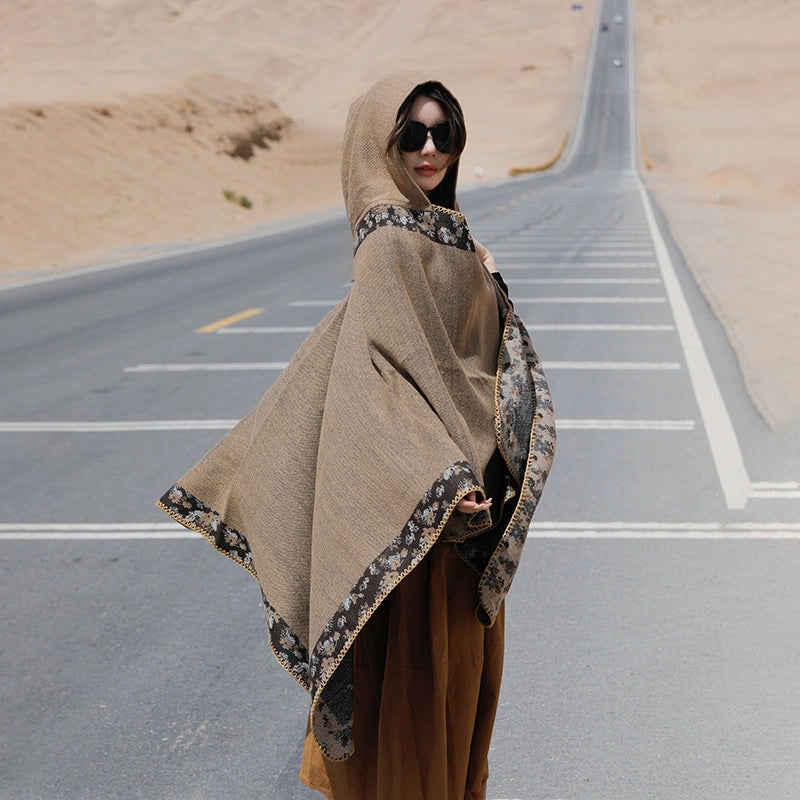 Ethnic Style Hooded Shawl Cloak Lijiang Xinjiang Tibet Northwest Tourism Wear Photograph Warm Outer Cape