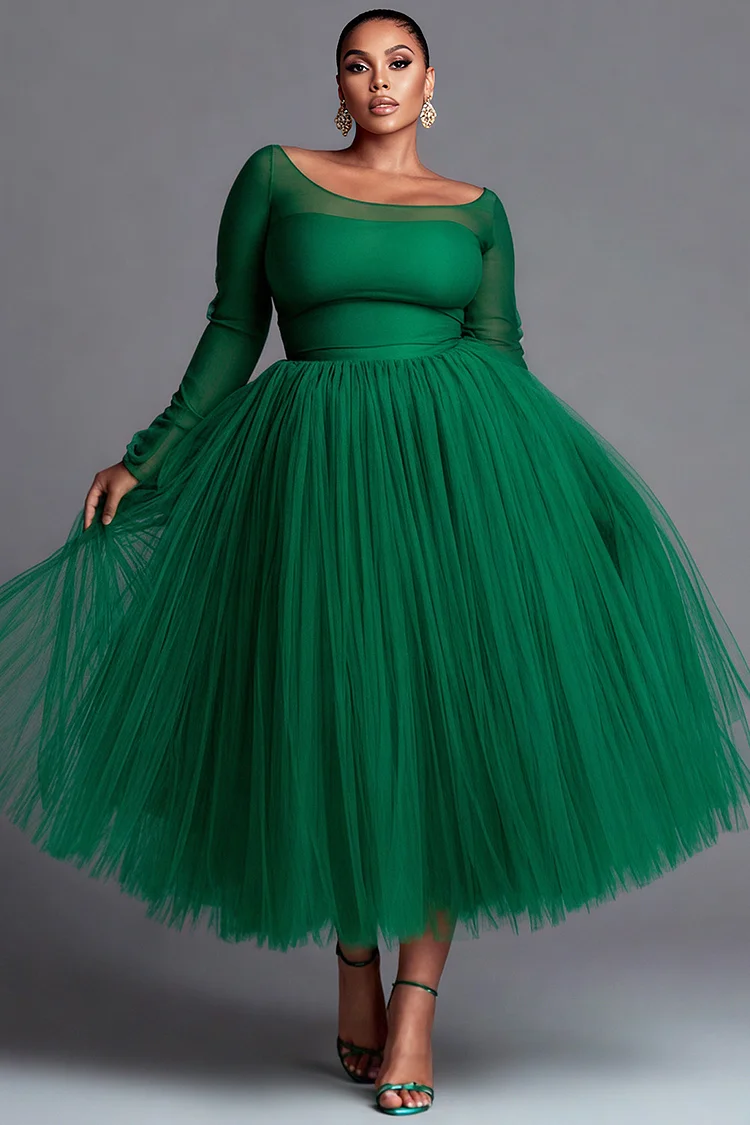 Xpluswear Design Plus Size Christmas Green Long Sleeve Contrast Elegant Tulle Midi Dresses [Pre-Order]
