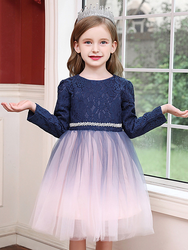 Bellasprom Long Sleeve Jewel Neck Ball Gown Tea Length  Flower Girl Dress Tulle  With Crystals Splicing Bellasprom