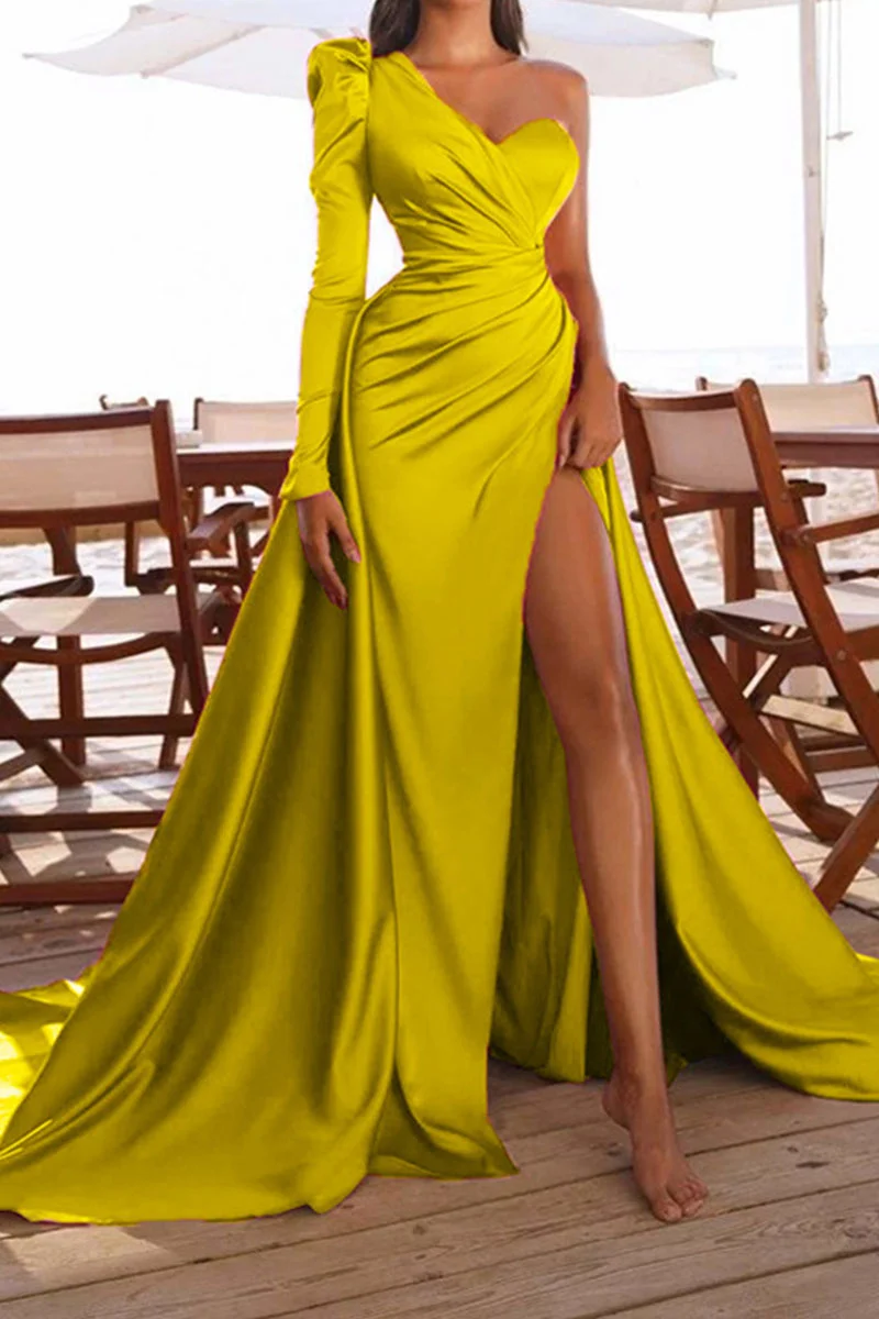 Yellow Elegant Print Patchwork Asymmetrical Asymmetrical Collar Evening Dress Dresses | EGEMISS