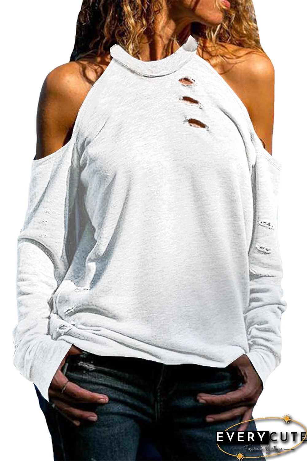 White Hollow Out Off-the-shoulder Long Sleeve T-shirt