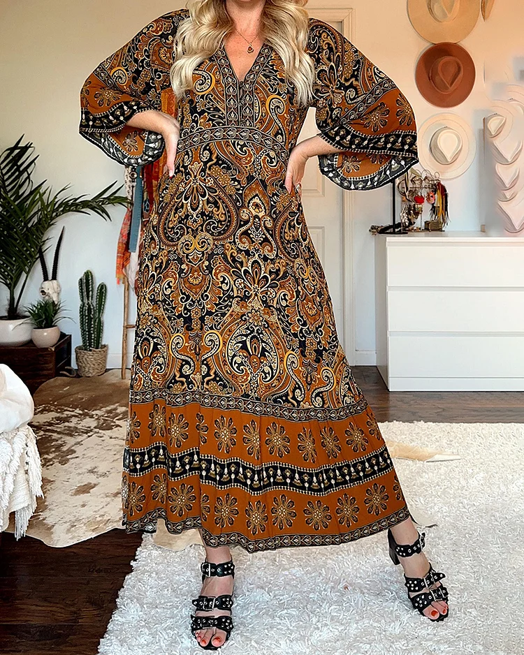 V-Neck Vintage Print Dress