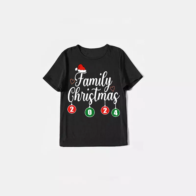 "Family Christmas" 2024 Letter Print Black Short Sleeve with Red & Black Plaid Pant Family Matching Pajamas
