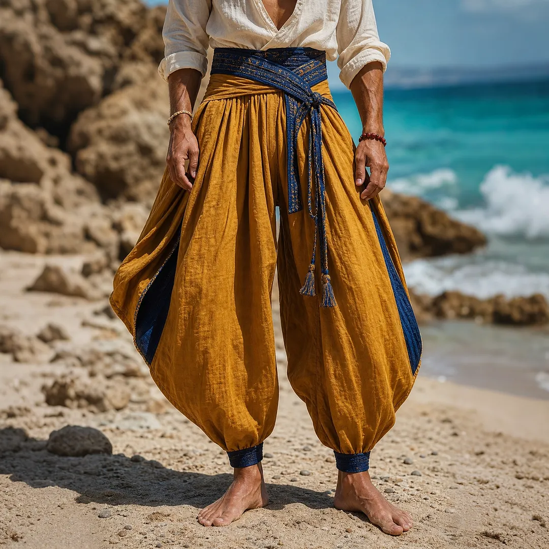 Mustard Yellow Cotton-Linen Harem Pants With Embroidered Sash Belt &ndash; Bohemian Wide-Leg Trousers For Beach & Casual Wear-INSPIREUSE
