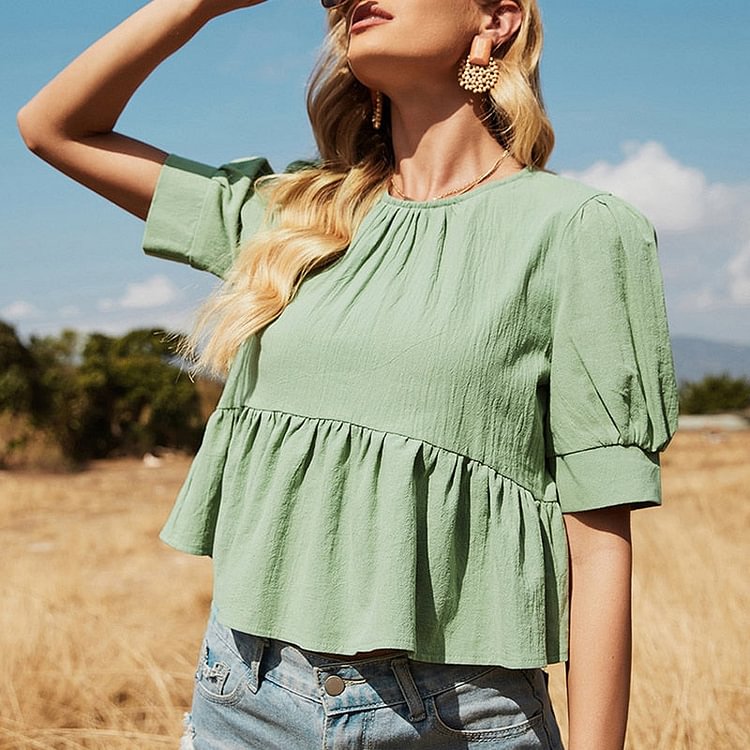 100% Cotton Summer Short Sheelve Ruffle Stitching Blouse V-neck Causel Chic Button Women Tops Elegant Soild Color Women Blouse - BlackFridayBuys