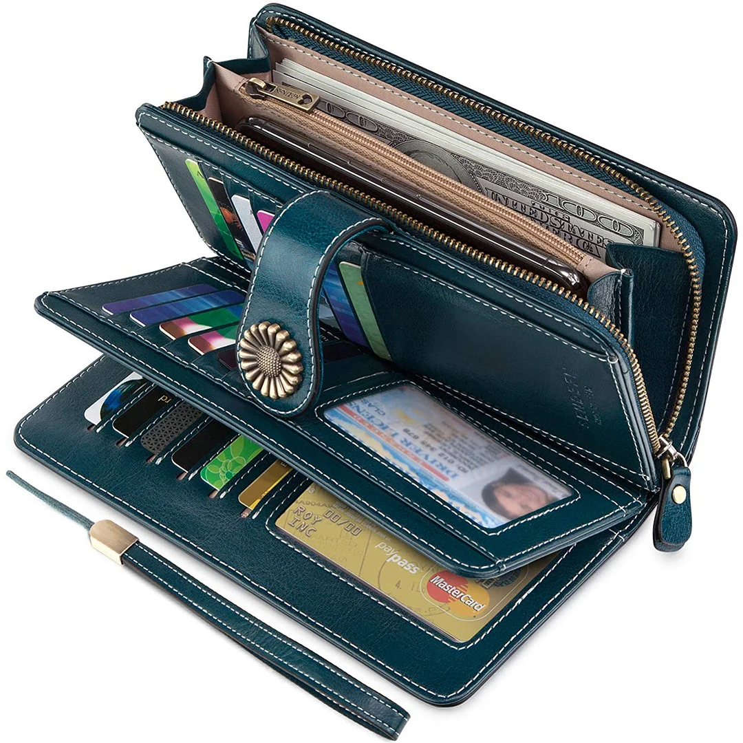 Vintage Style Genuine Leather Large Capacity RFID Wallet Organizer for Women