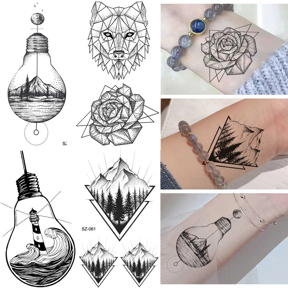 Erogenous Geometric Wolf Temporary Tattoo Geometric Floral Women Body Arm Wrist Tattoo Stickers Men Bulb Water Transfer Tatoos