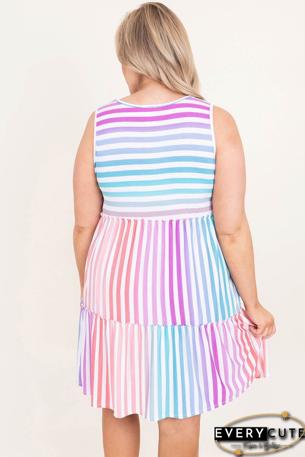 Multicolor Ombre Striped Sleeveless Tiered Plus Size Dress