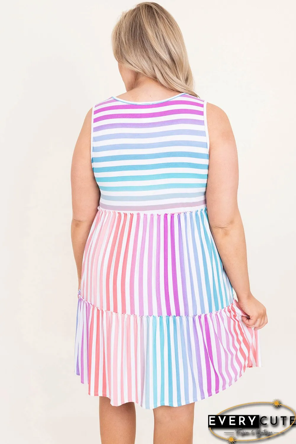 Multicolor Ombre Striped Sleeveless Tiered Plus Size Dress