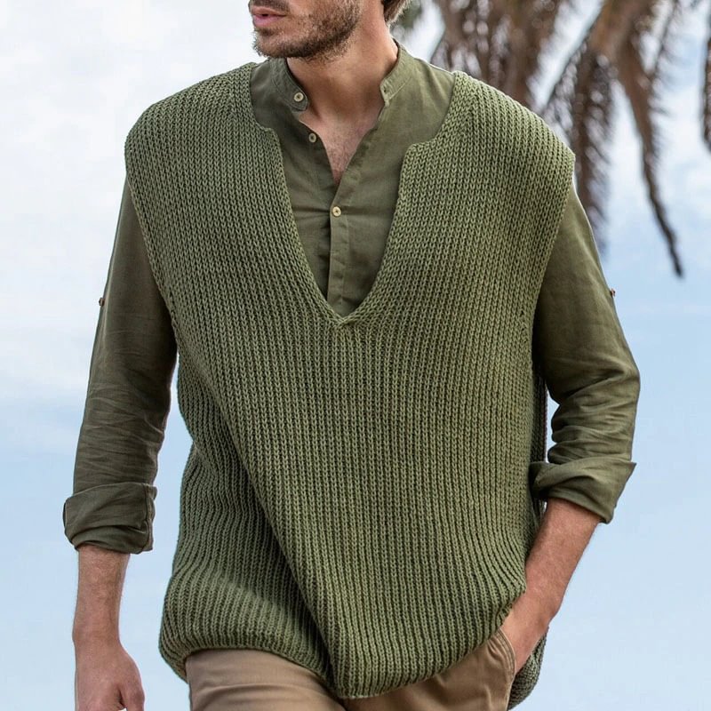 Men's Oversized Green Knitted Vest Sleeveless Sweater-VESSFUL