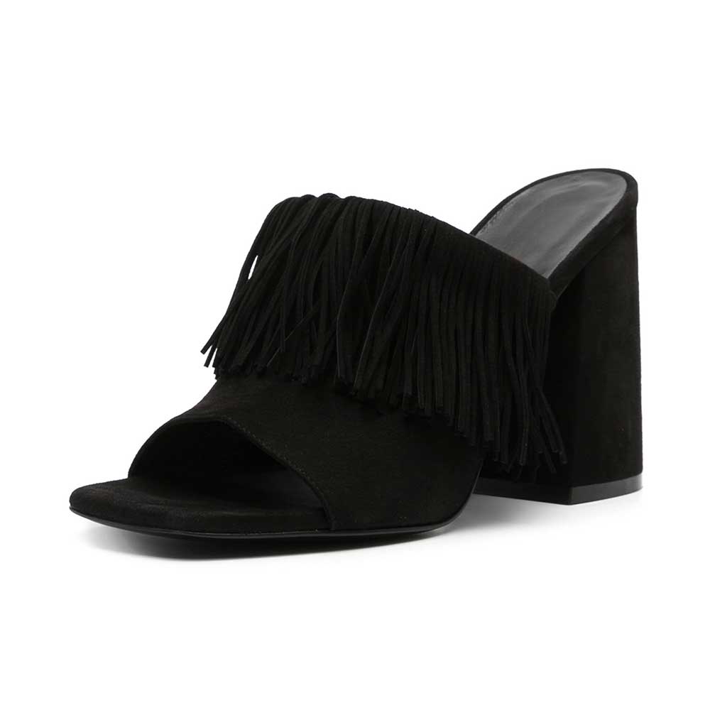 Black Open Square Toe Block Heel Mules Shoes with Fringe Detailing Nicepairs