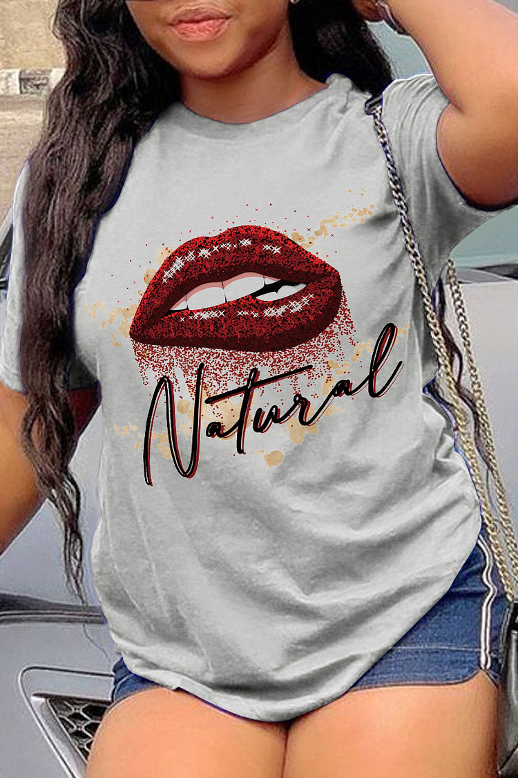 Grey Fashion Street Lips Printed Split Joint Letter O Neck T-Shirts