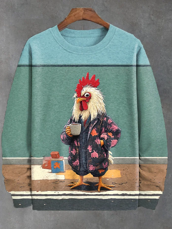 Men's Funny Early Rooster Street Coffee Color Block Art Print Sweatshirt