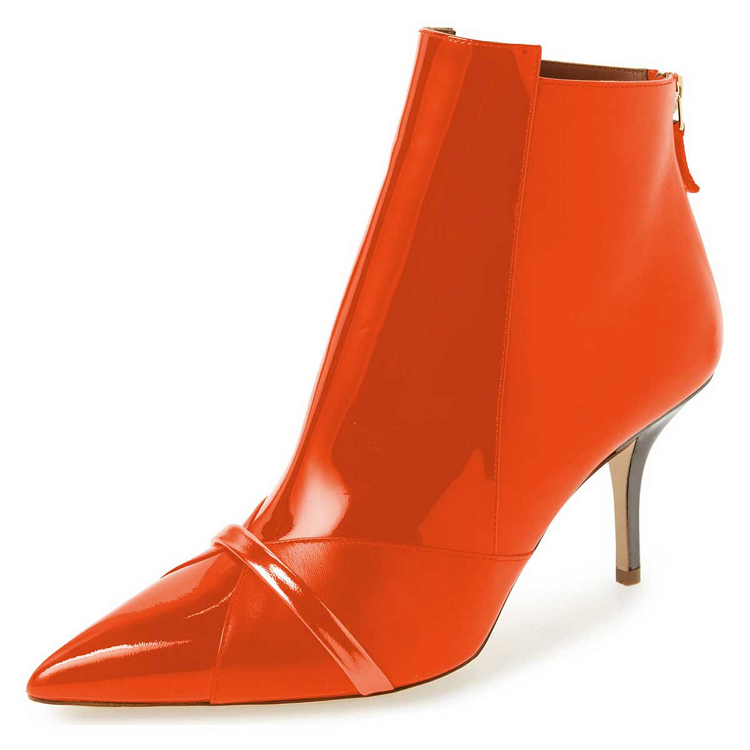 Red Orange Color-block Leather Ankle Boots With Kitten Heels Nicepairs