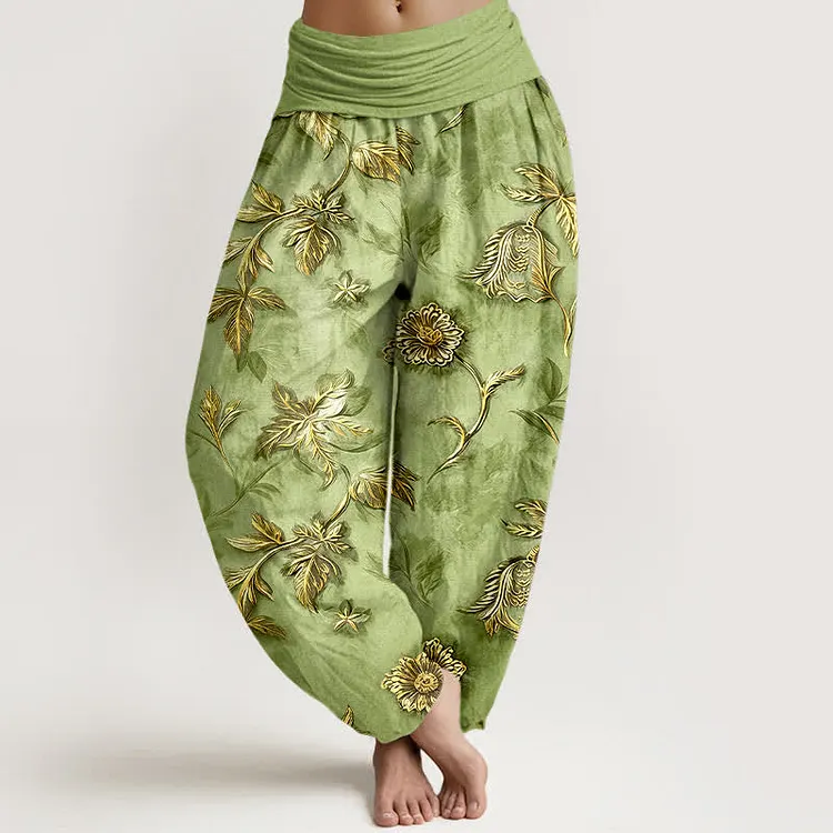 Cotton Botanical Leaf Pattern Women's Elastic Waist Harem Pants