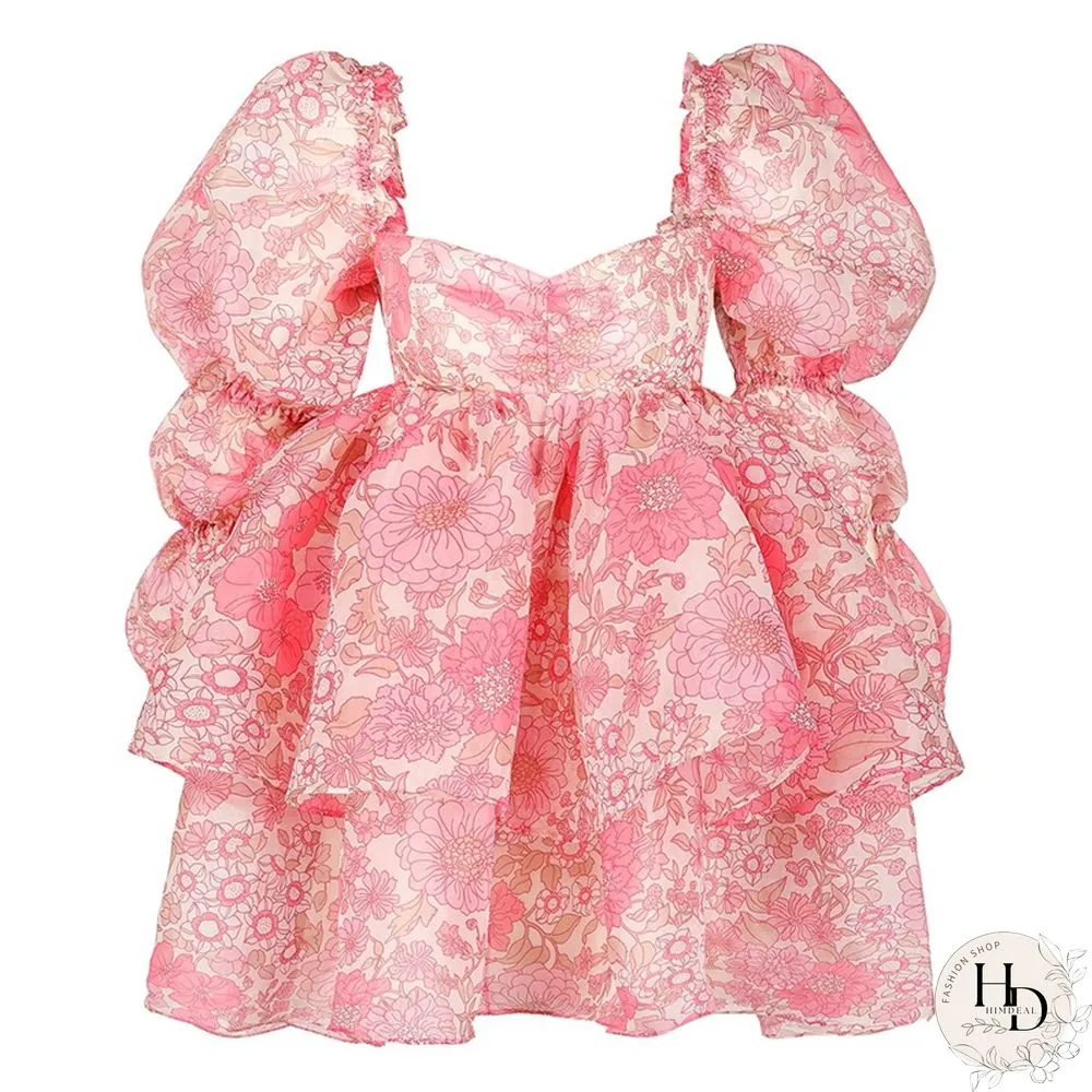 Sweet Girl Moonlight Dress Vintage Backless Long Puff sleeve Ruffles Layered A-line Women