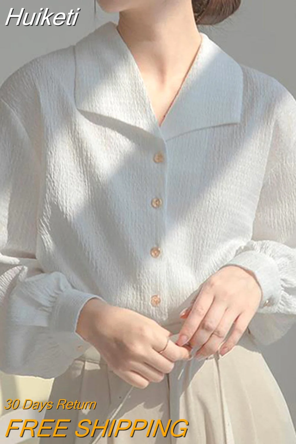 Huiketi Women Korean Elegant White Shirt Fashion Design Long Sleeve Blouse Office Lady Casual Buttons Loose Chic Folds Autumn Tops