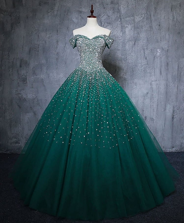Green Tulle Sequin Long Prom Gown Green Sequin Sweet 16 Dress A039