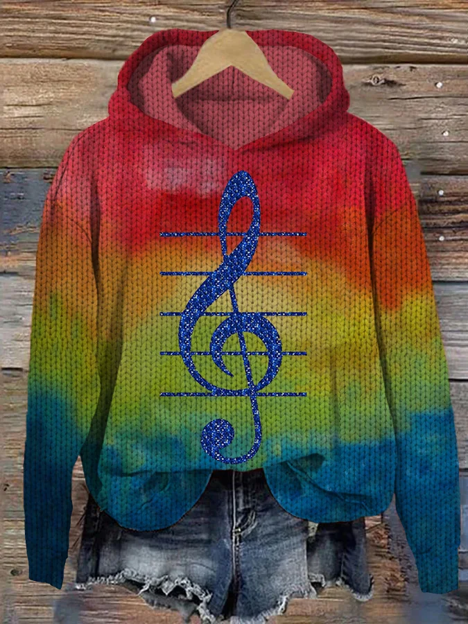 VChics Music Notes Oil Painting Knit Hoodie