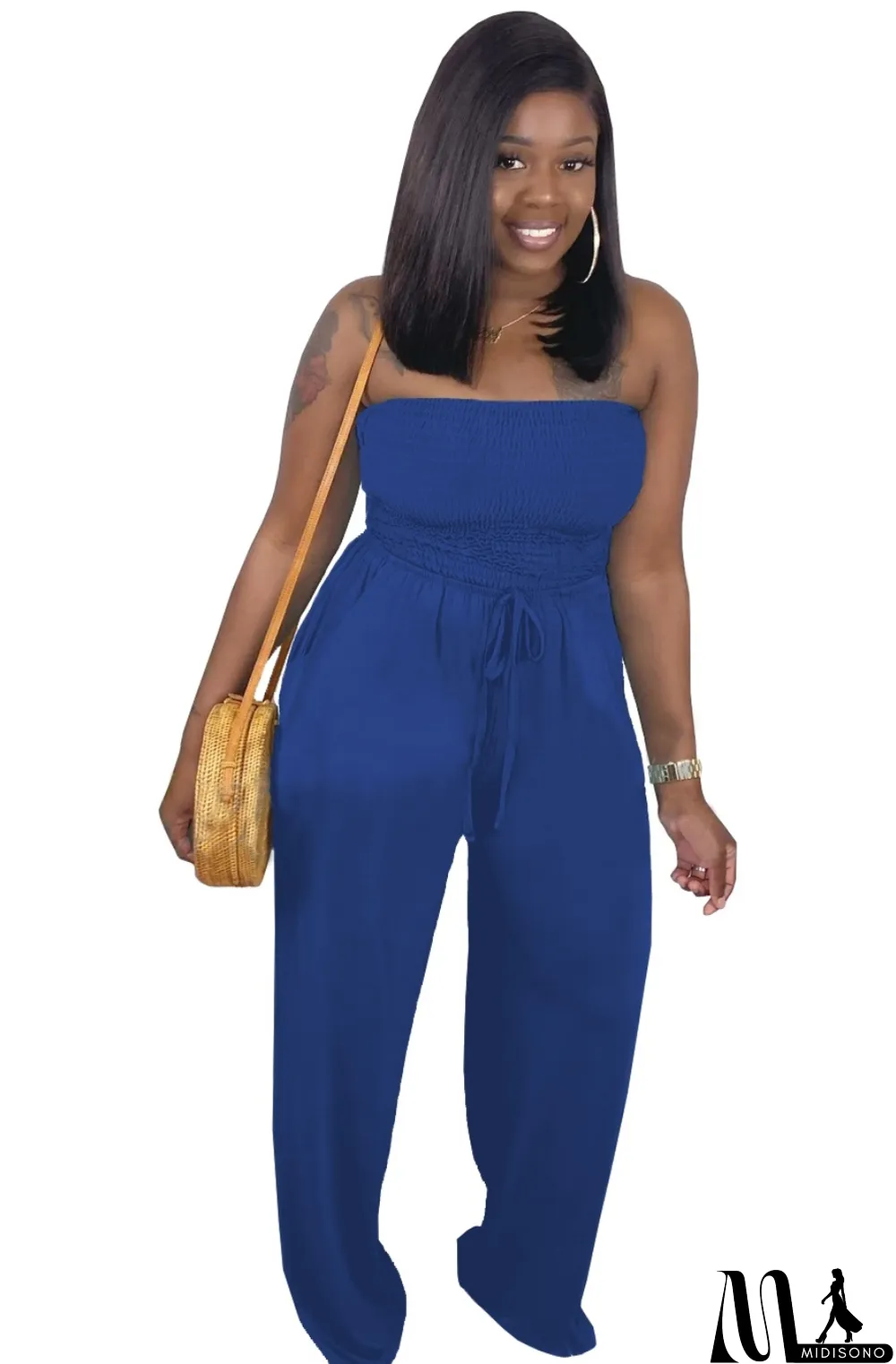 MidiSono - Solid Color Sexy Strapless Loose Jumpsuit