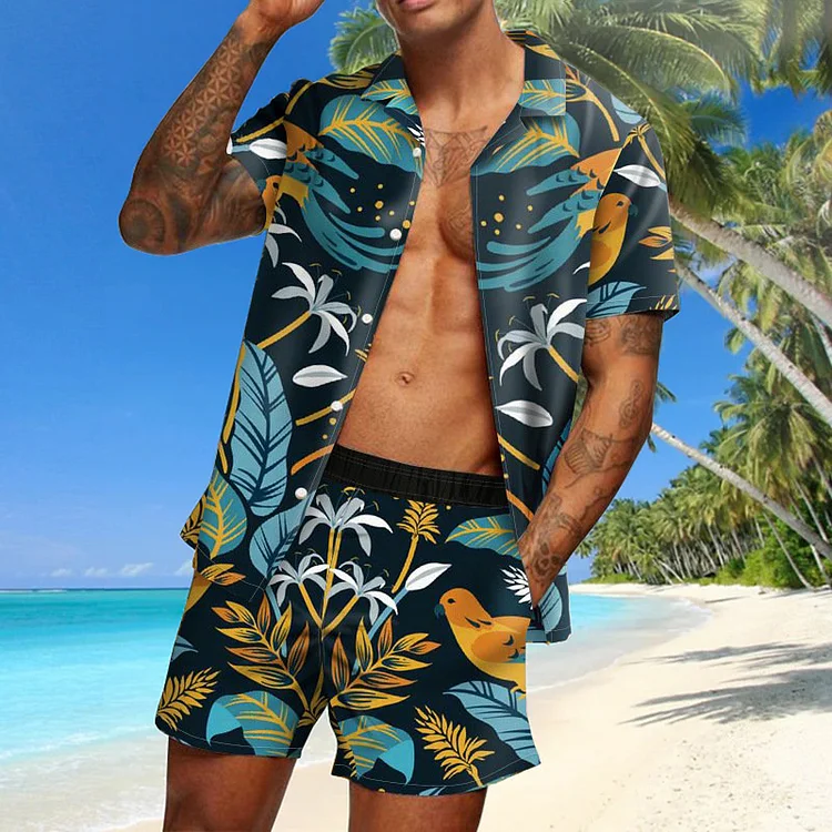 Men's navy blue fashion leisure leaf printed beach suit