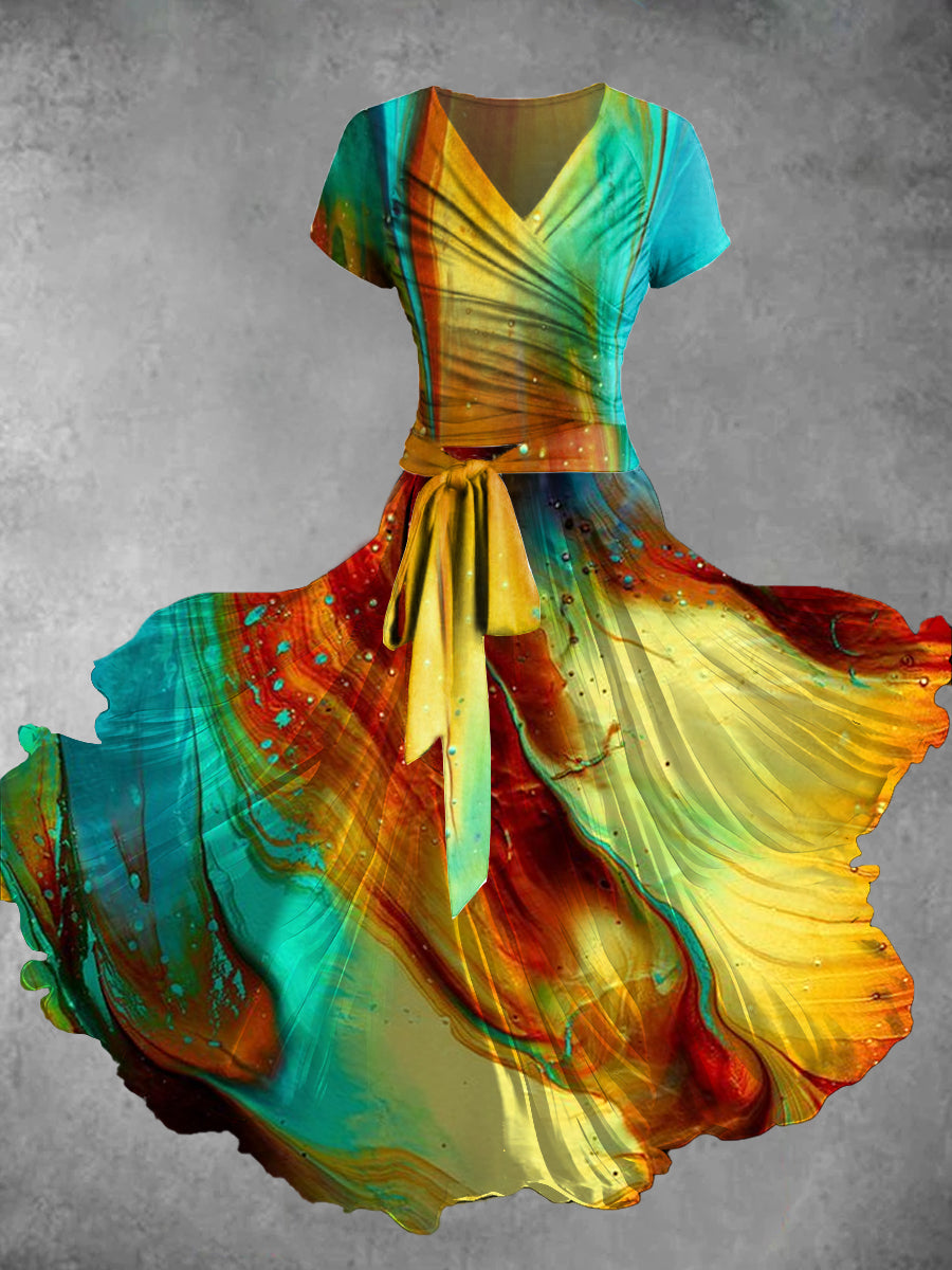 Abstract Color Print Vintage V-Neck Short Sleeve Two-Piece Midi Dress