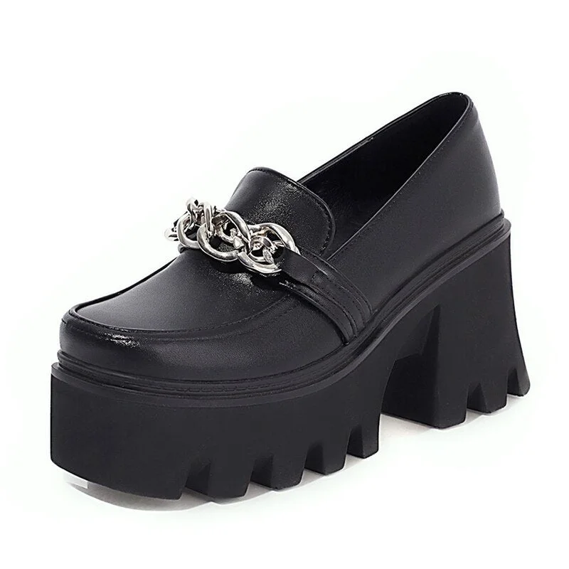 Gdgydh Metal Chain Platform Lolita Goth Japanese School Shoes For Girls Patent Leather Square Toe Women Pumps Block Heel Size 43