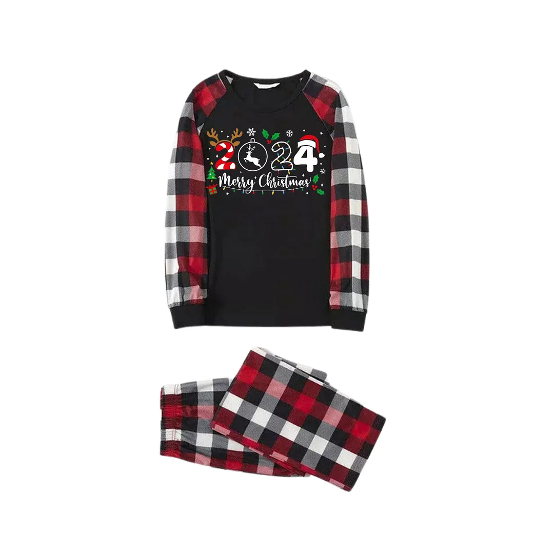 "2024 Merry Christmas" Text Snowflake Printed Pattern - Black Top with Red&Black&White Plaid Sleeves - Family Matching Pajamas