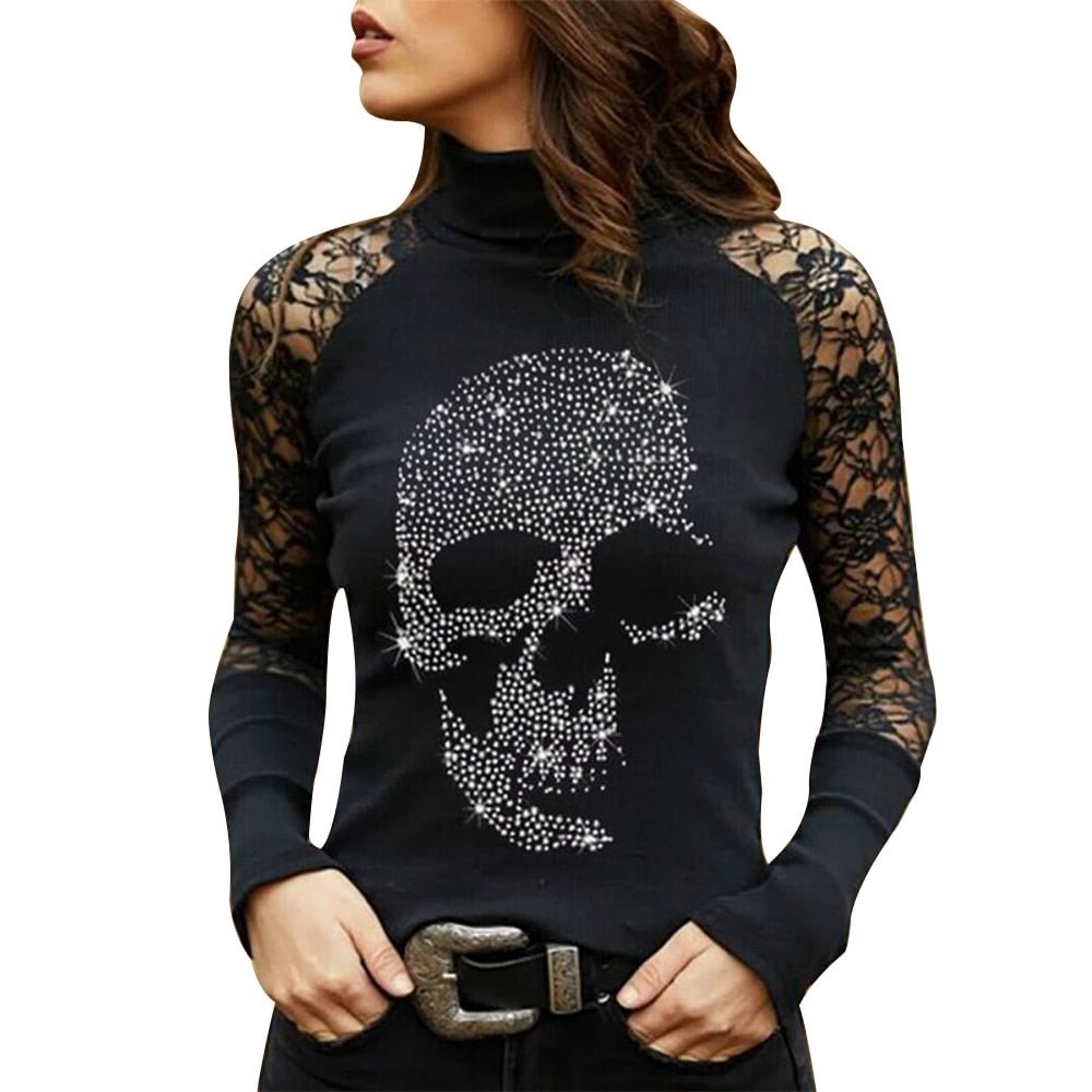Women Turtleneck Lace Patchwork Long Sleeve Shirts 2021 Spring Autumn Ladies Casual Sexy Tops Black Y2k Skull Print Streetwear