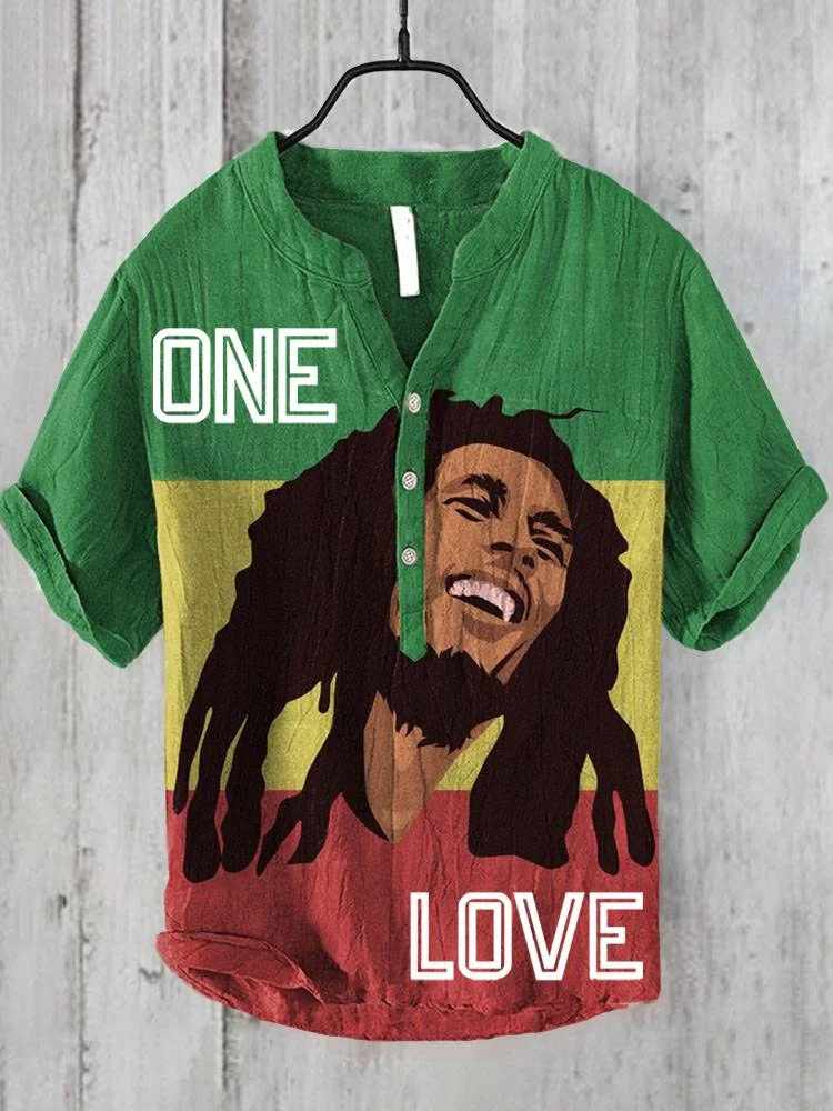 Reggae Music One Love Print Linen Blend Casual Shirt