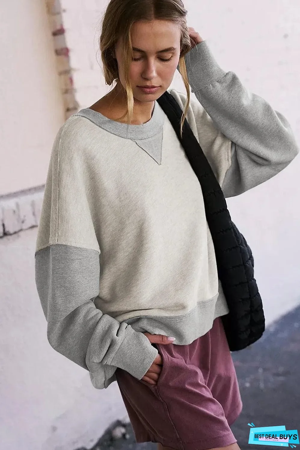 Light Grey Color Block Thumbhole Sleeve Drop Shoulder Sweatshirt