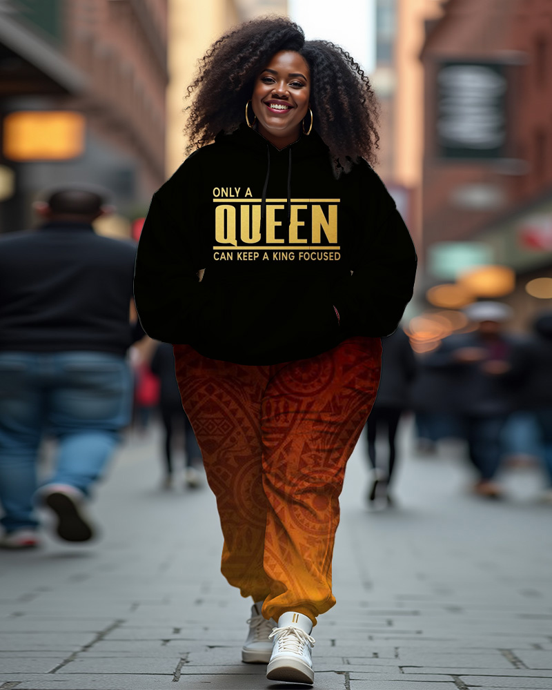 Women's Plus Size Only A King Hoodie and Ethnic Prints Pants Set