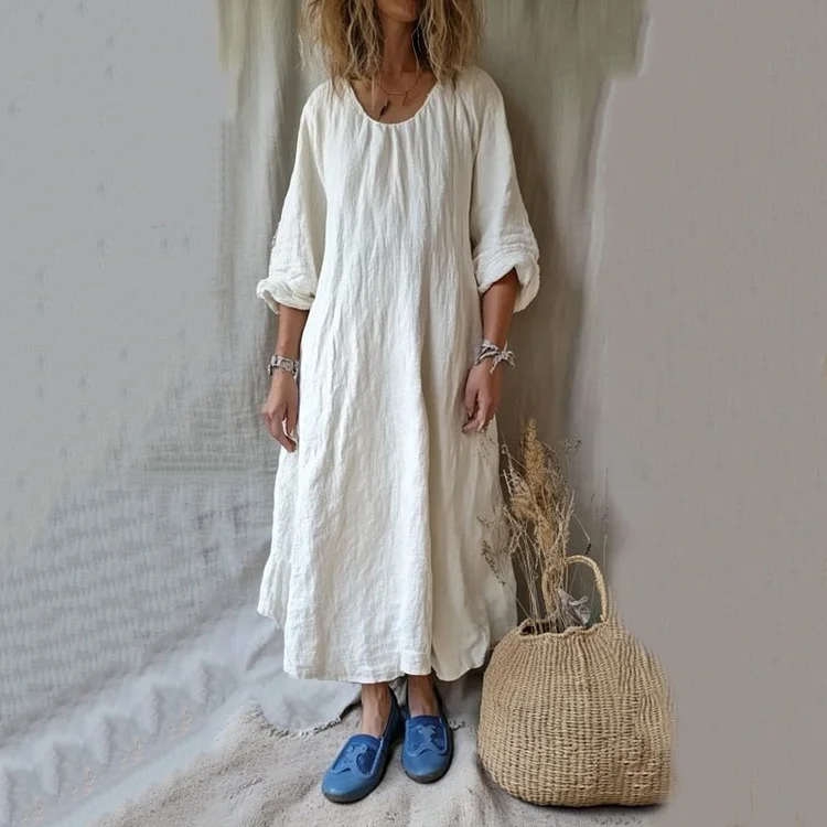 Utbros Vintage Crew Neck Cotton Linen Comfy Maxi Dress