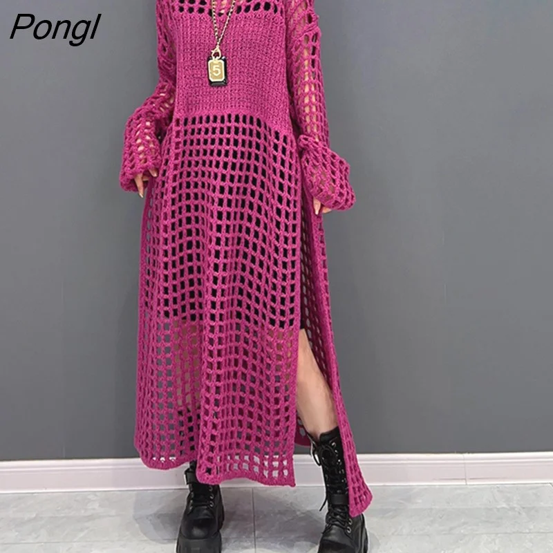  Women's Knitting Dress Hollow Out Design Round Neck Long Sleeve Loose Midi Dress Fall 2023 New Female Clothes 5WA104 921-1