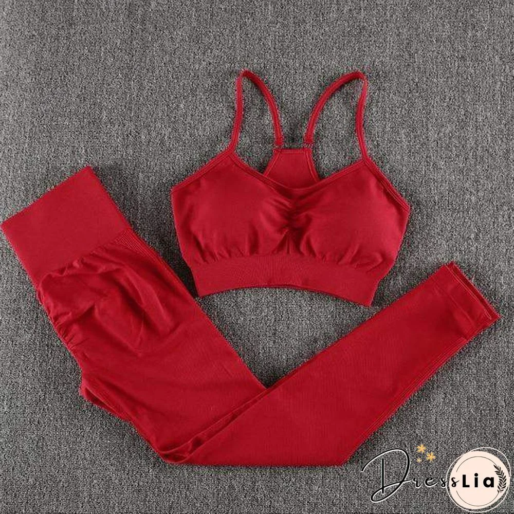 Solid Seamless Gym Two Piece Set Women High Stretchy Tracksuit Women Sports High Waist Leggings Workout Pants Sets Women