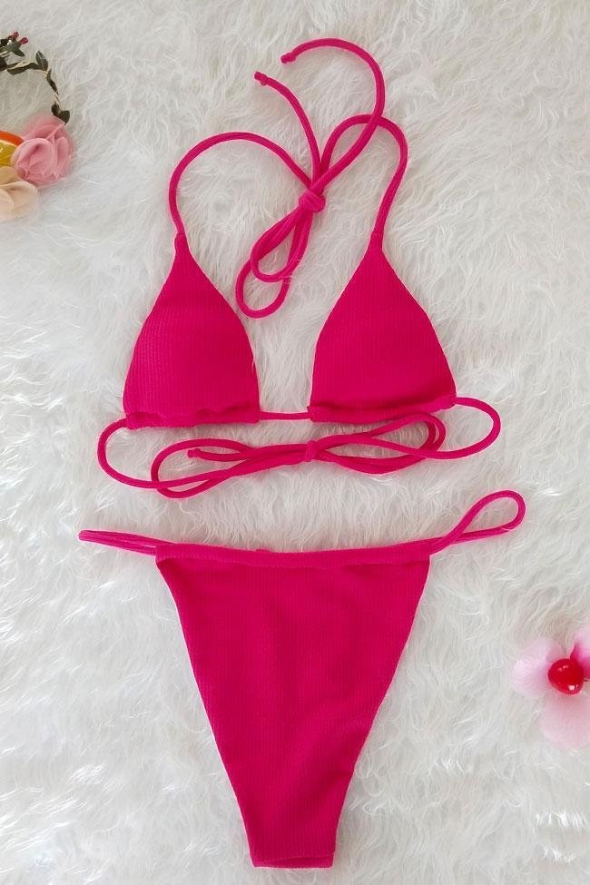 Pink Ribbed Thong Sliding Triangle Bikini-elleschic