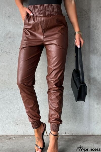 Smocked High Waist Pants with Pockets