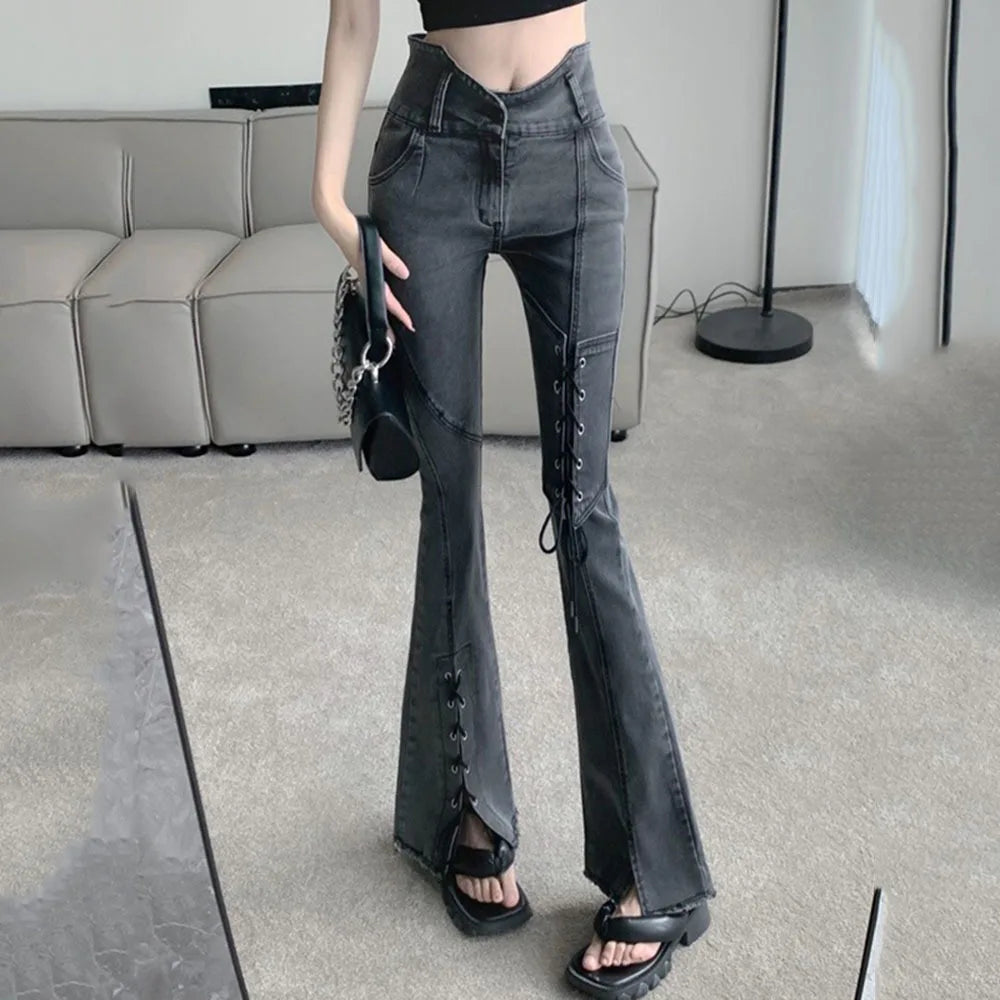 LANFUBEISI Fashion Asymmetrical Split Korean Jeans Harajuku Bandage Casual Vintage Y2K Denim Trousers Trend Streetwear Pant LANFUBEISI