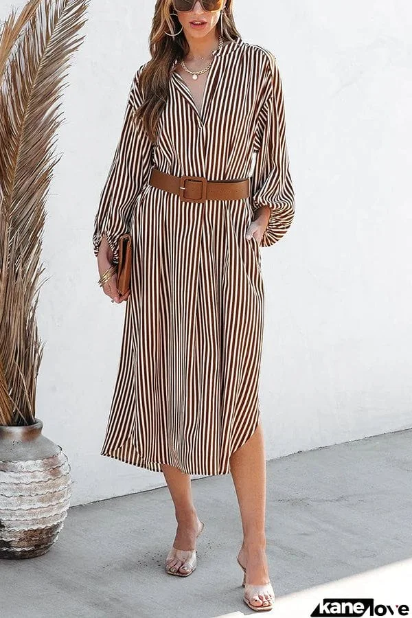 Here We Go Striped Pocketed Belted Shirt Midi Dress