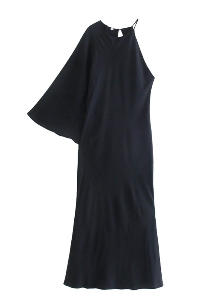 Women's Black Dress One-shoulder Asymmetrical Sleeves Halter Split Maxi Dress