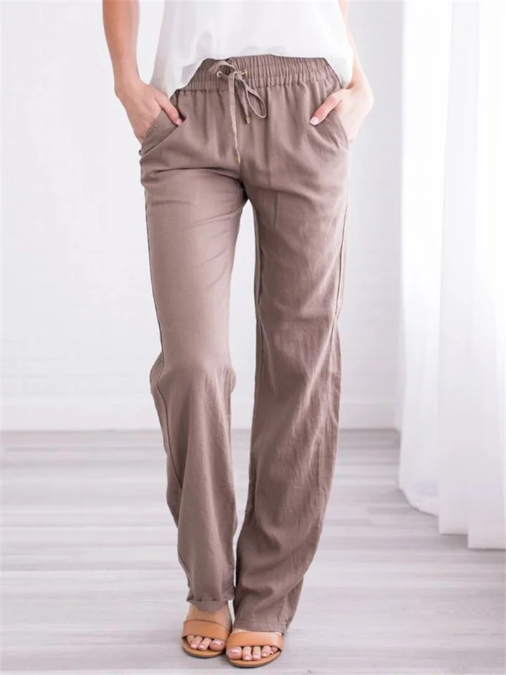 Summer Women's Solid Color Cotton Linen Drawstring Loose Casual Wide Leg Pants-Cosfine