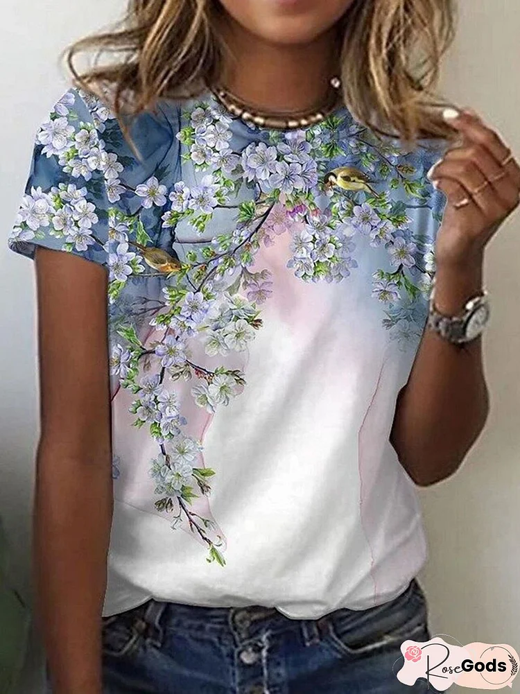White Casual Floral Bird Printed Crew Neck Short Sleeve Shift T-Shirt