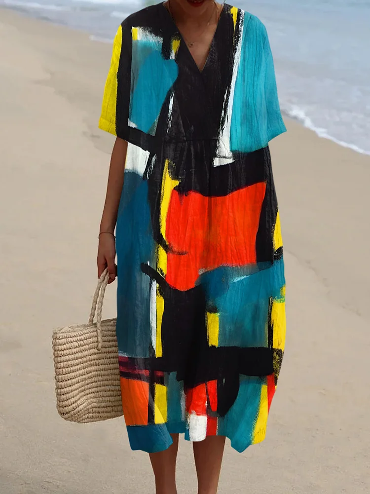 Retro Abstract Art V-Neck Short Sleeve Dress